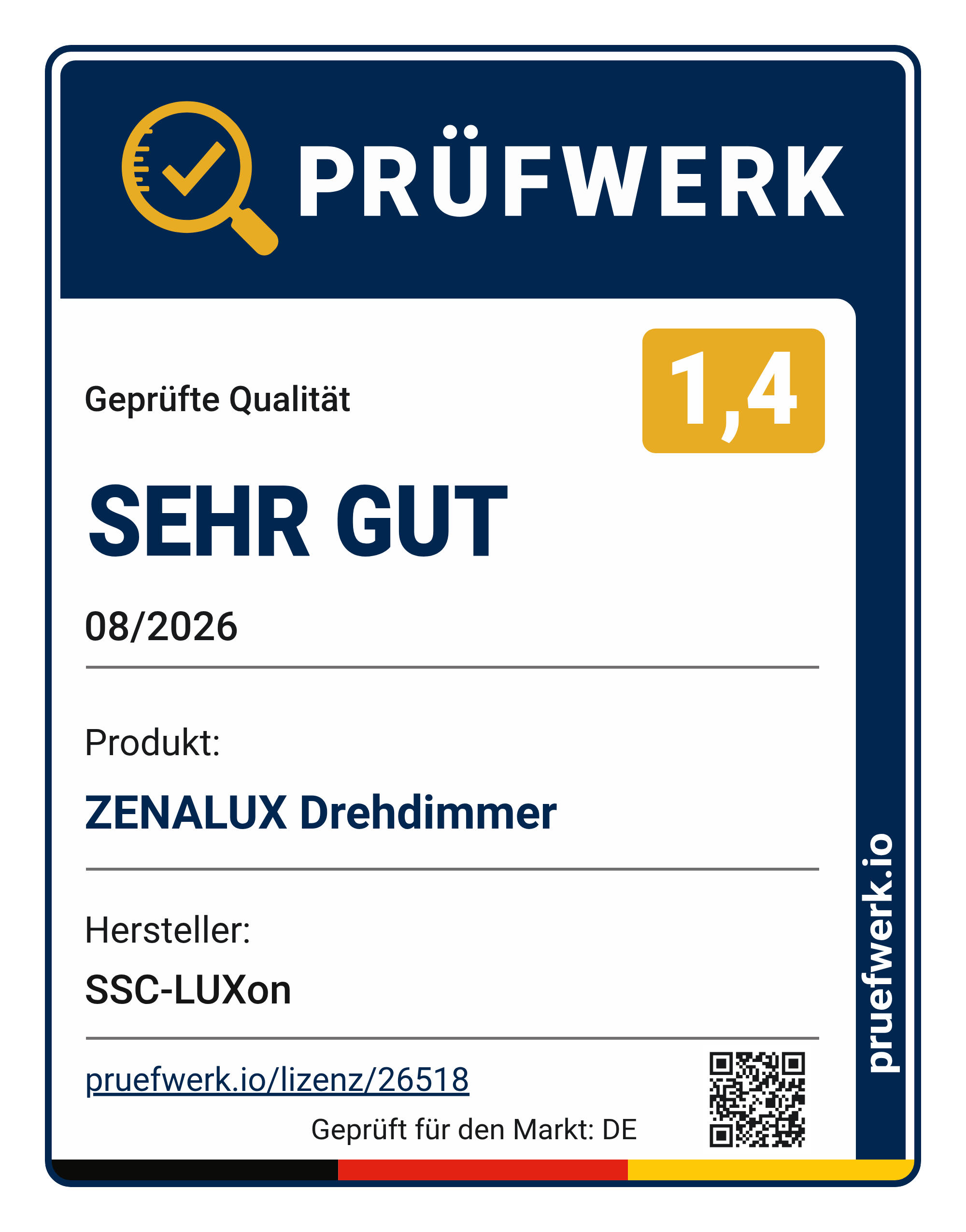 Prüfwerk-Siegel ZENALUX Universal Smart WLAN Drehdimmer, Note 1,4