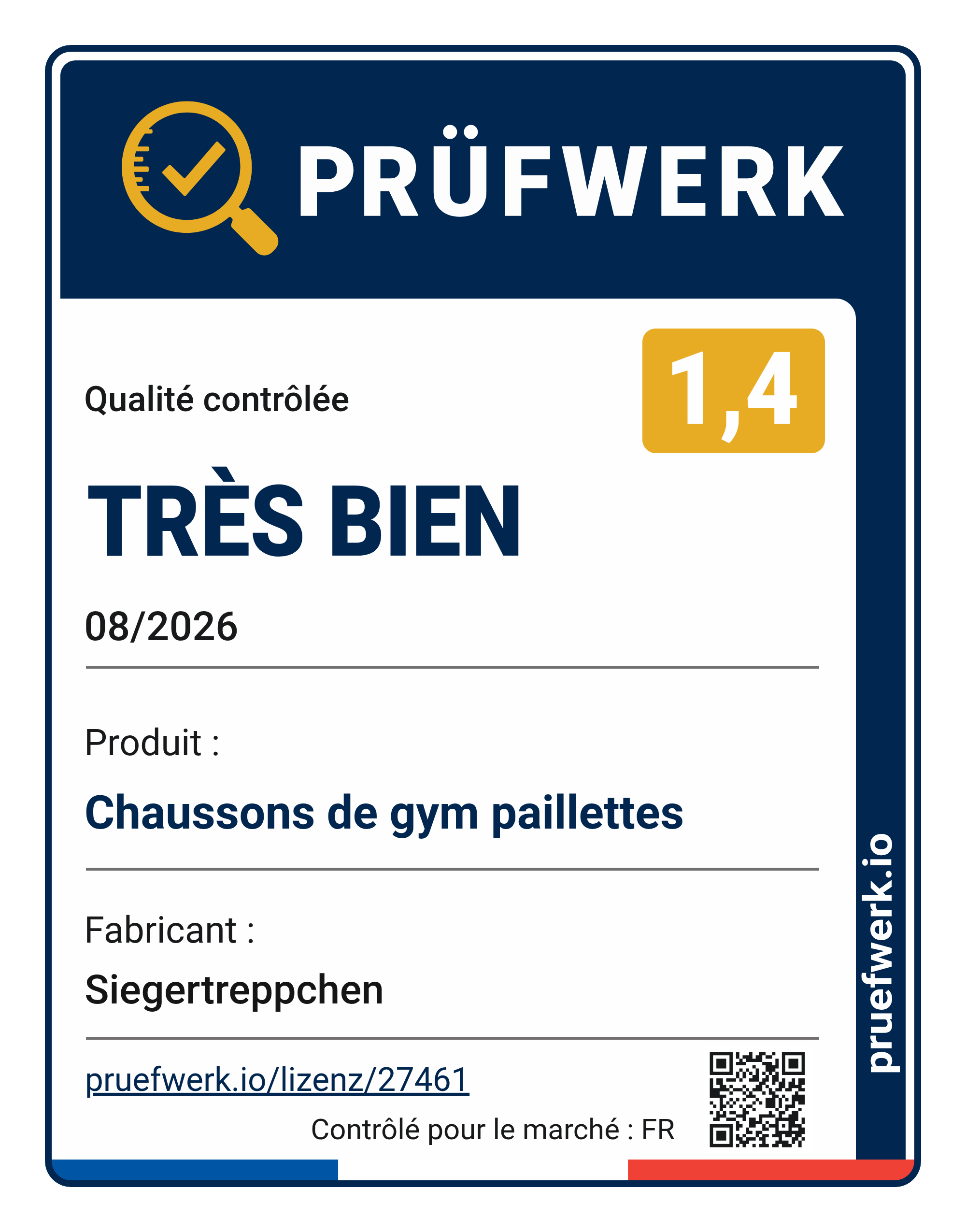 Prüfwerk-Siegel Chaussons de gym paillettes, Note 1,4