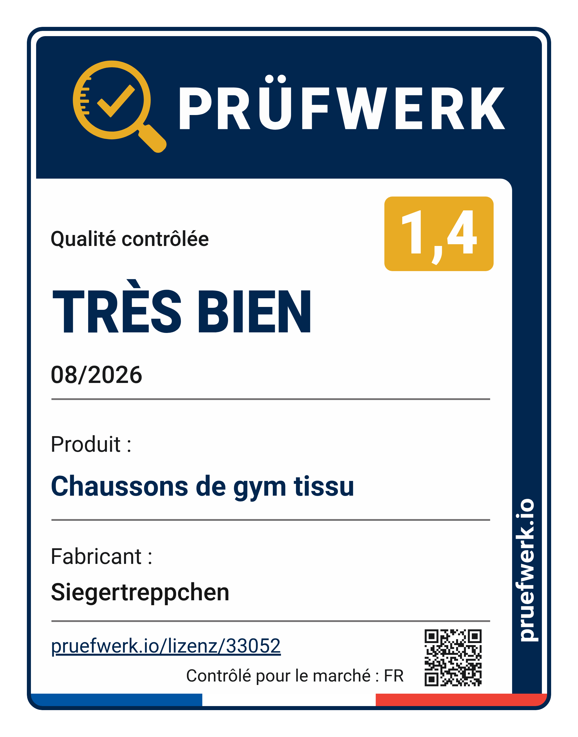 Prüfwerk-Siegel Chaussons de gym tissu, Note 1,4