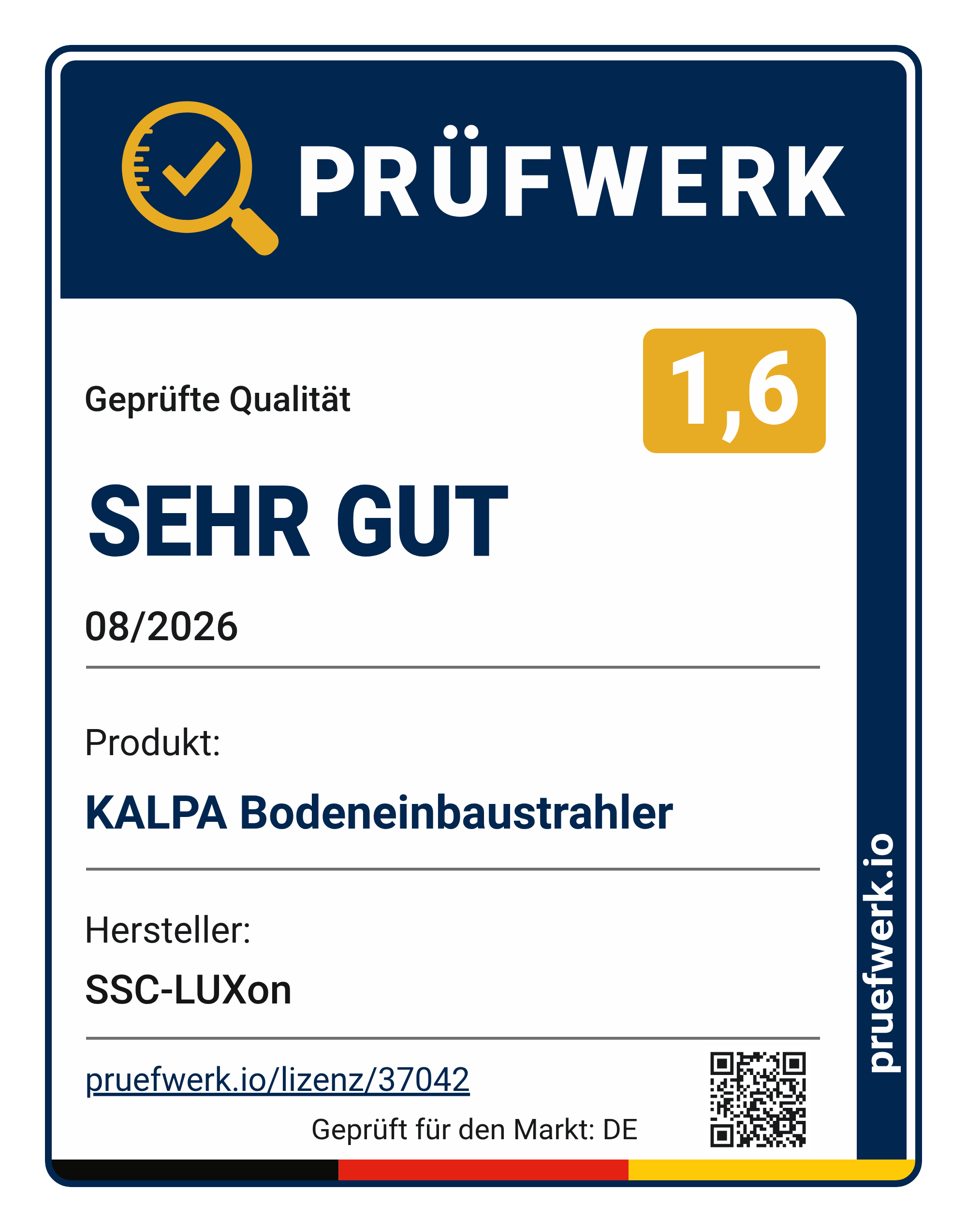 Prüfwerk-Siegel KALPA Bodeneinbaustrahler IP67 GU10, Note 1,6