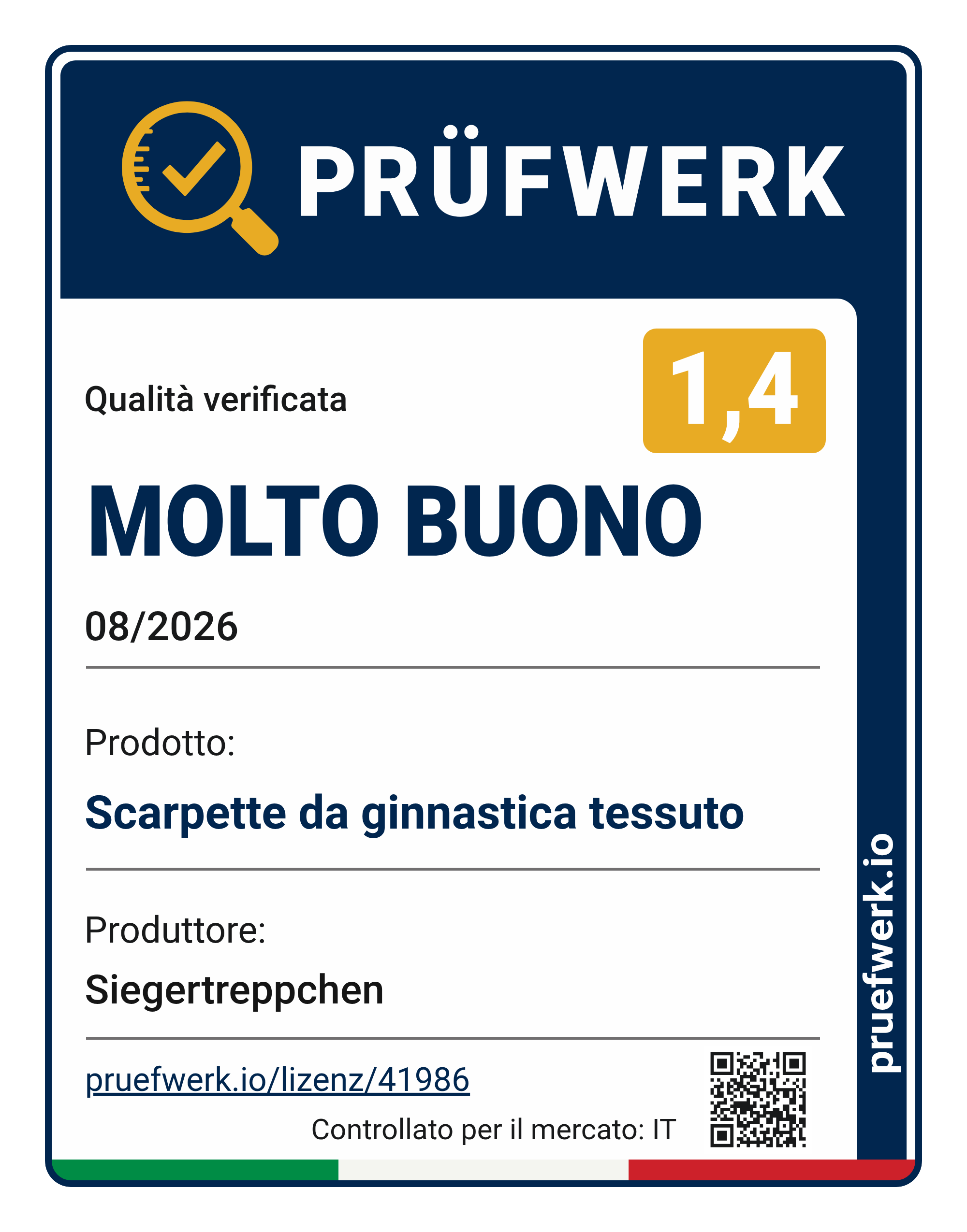 Prüfwerk-Siegel Scarpette da ginnastica tessuto, Note 1,4