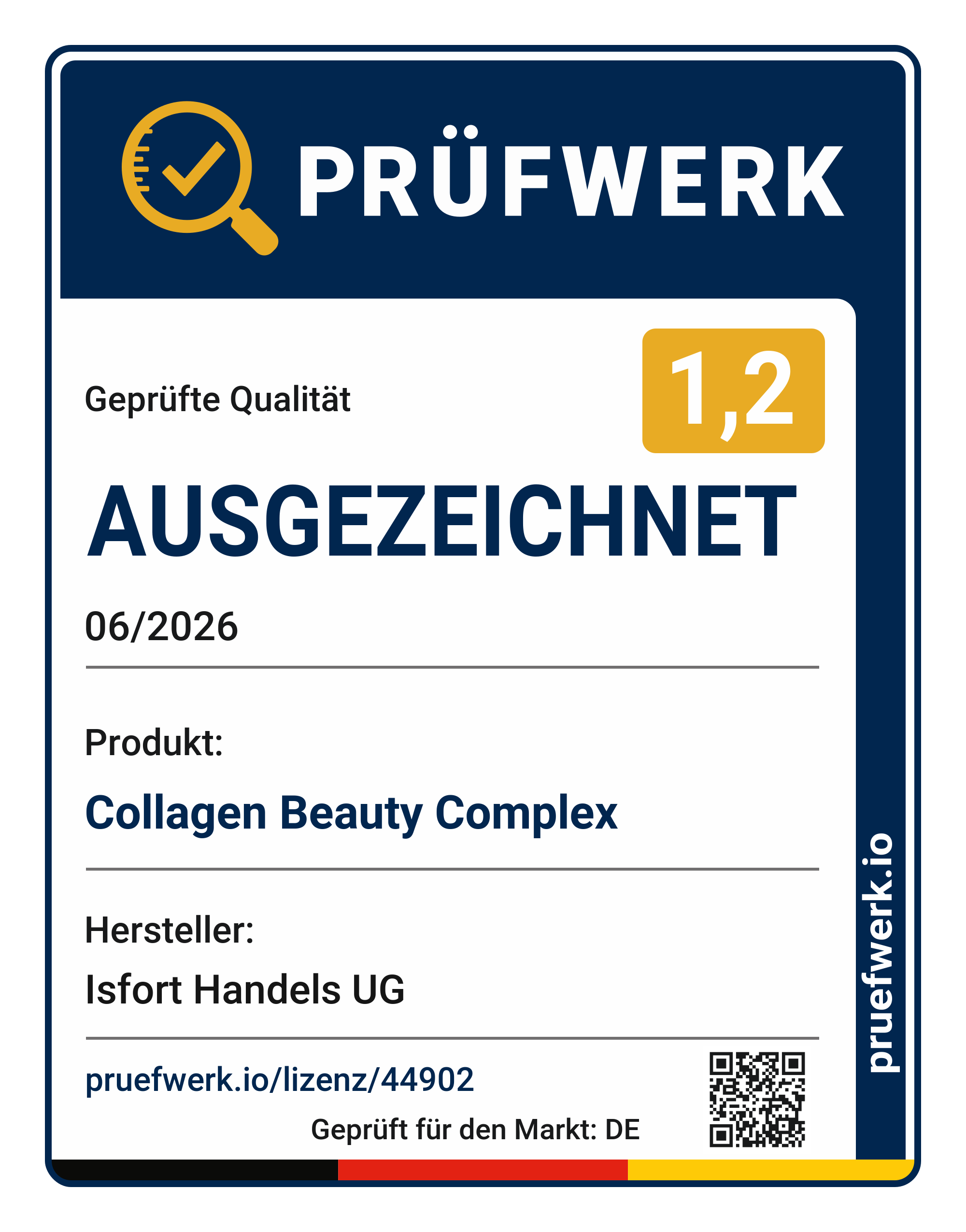 Prüfwerk Geprüfte Qualität: Ausgezeichnet 1,2 – Collagen Beauty Complex