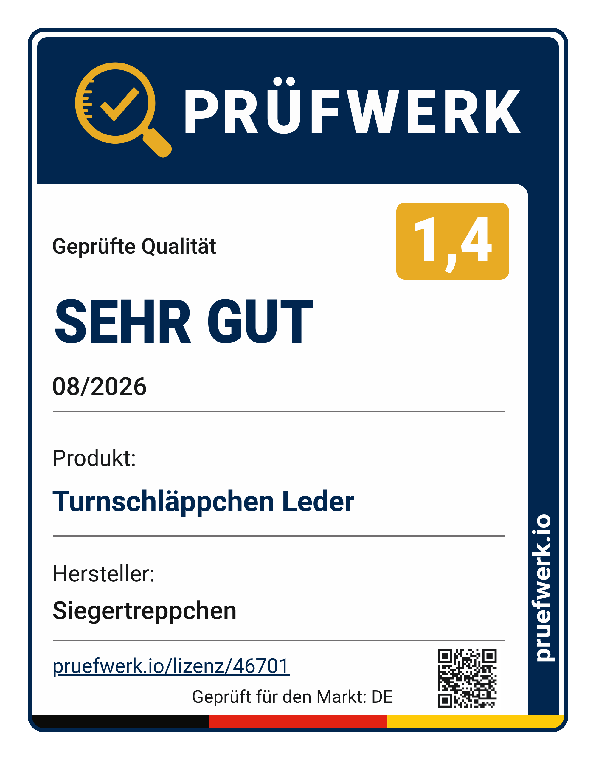 Prüfwerk-Siegel Turnschläppchen Leder (Gymnastikschuhe), Note 1,4