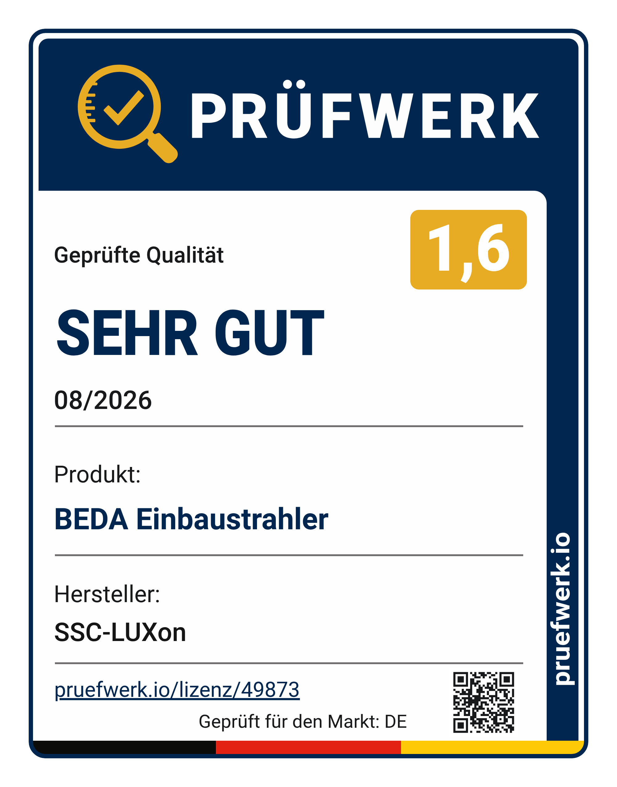 Prüfwerk-Siegel BEDA Einbaustrahler IP65 für Bad & Außen, Note 1,6