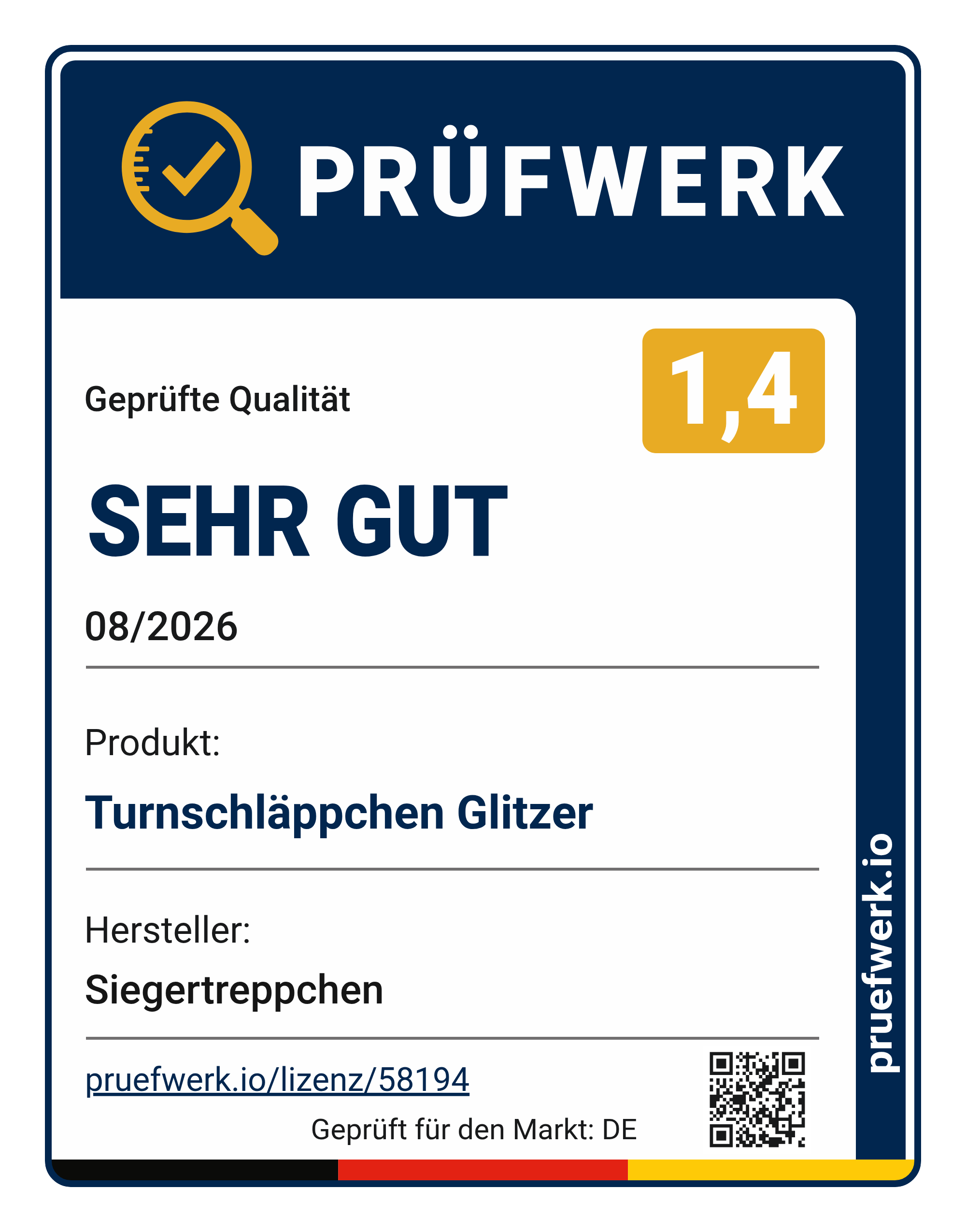 Prüfwerk-Siegel Turnschläppchen Glitzer (Gymnastikschuhe), Note 1,4