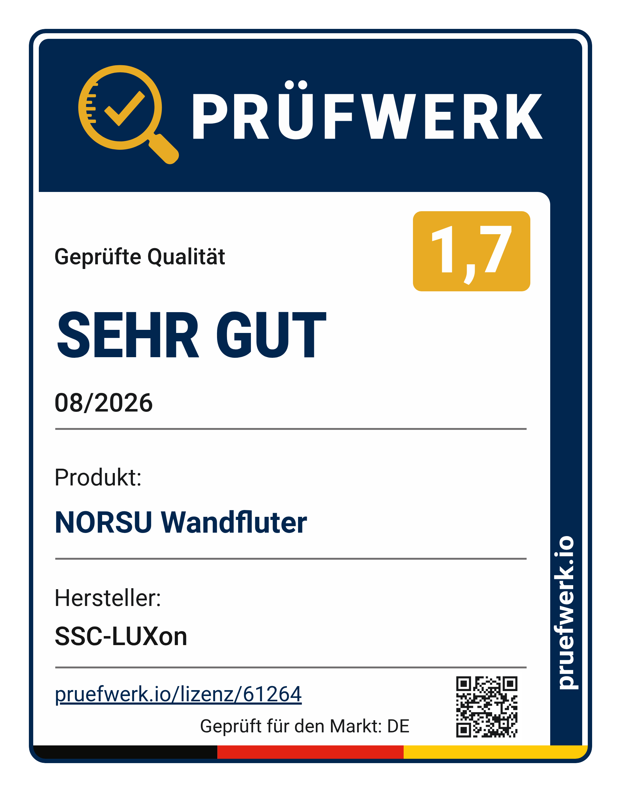 Prüfwerk-Siegel NORSU Outdoor Wandfluter schwenkbar & drehbar, Note 1,7