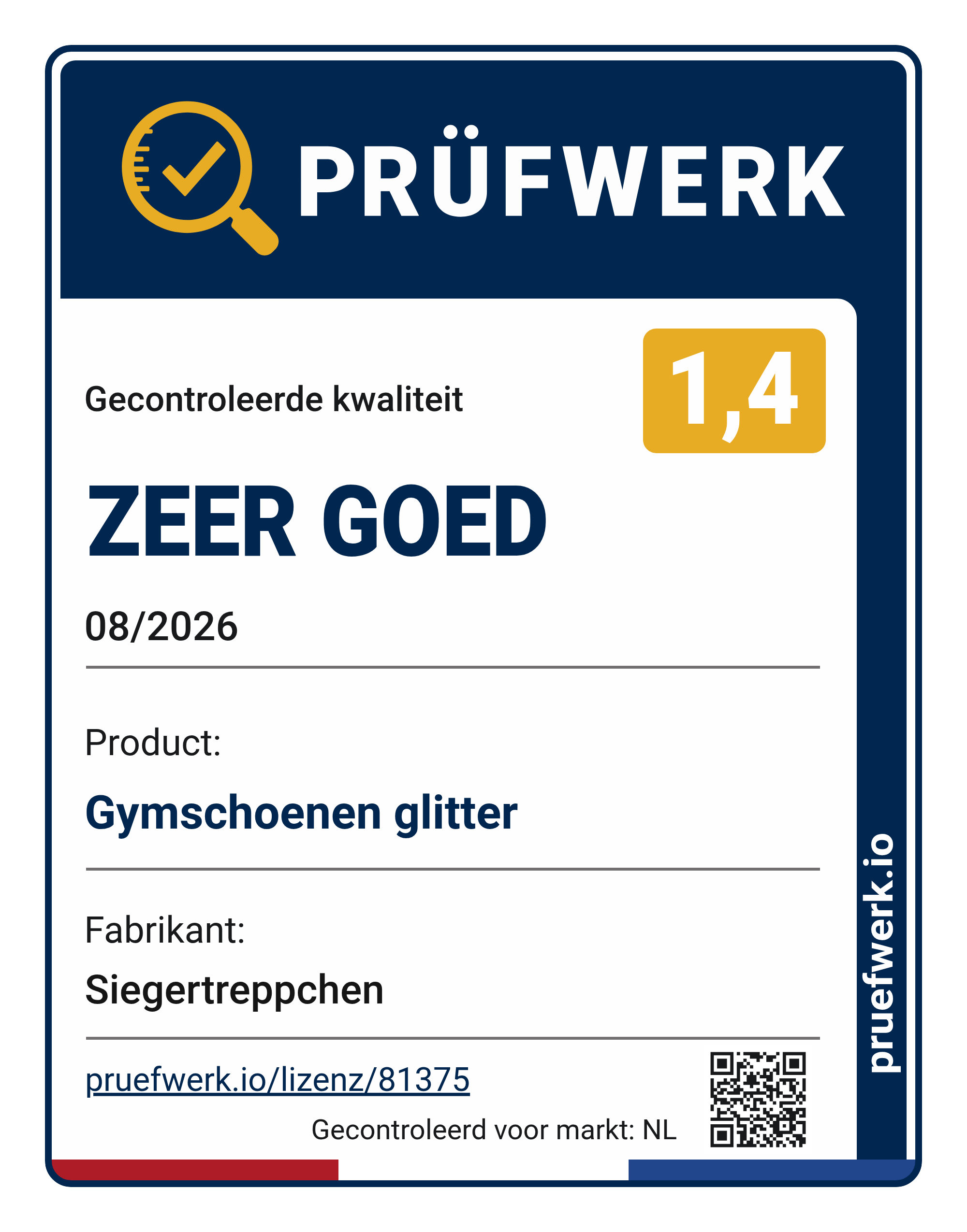 Prüfwerk-Siegel Gymschoenen glitter, Note 1,4