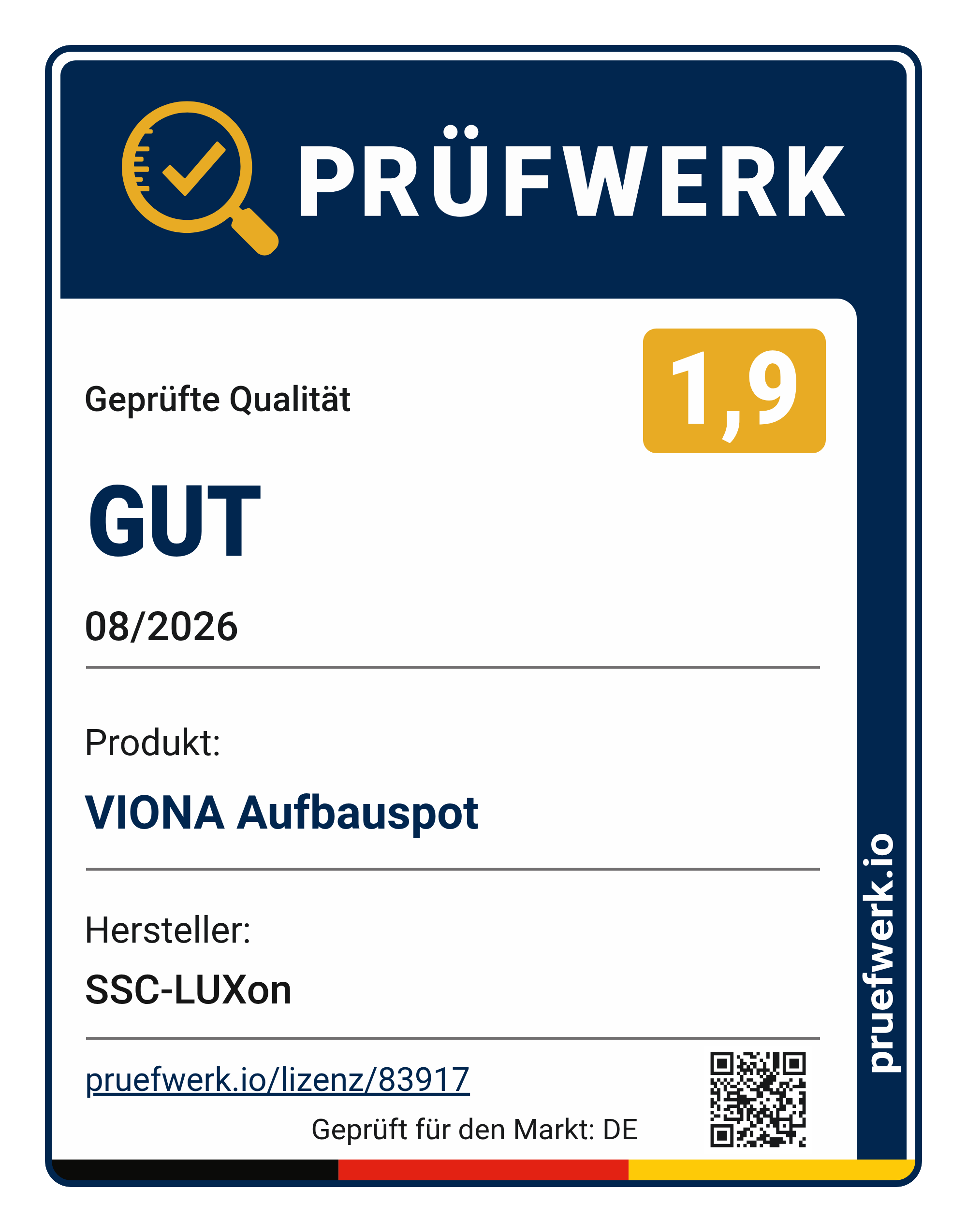 Prüfwerk-Siegel VIONA Mini-Aufbauspot flach & schwenkbar, Note 1,9