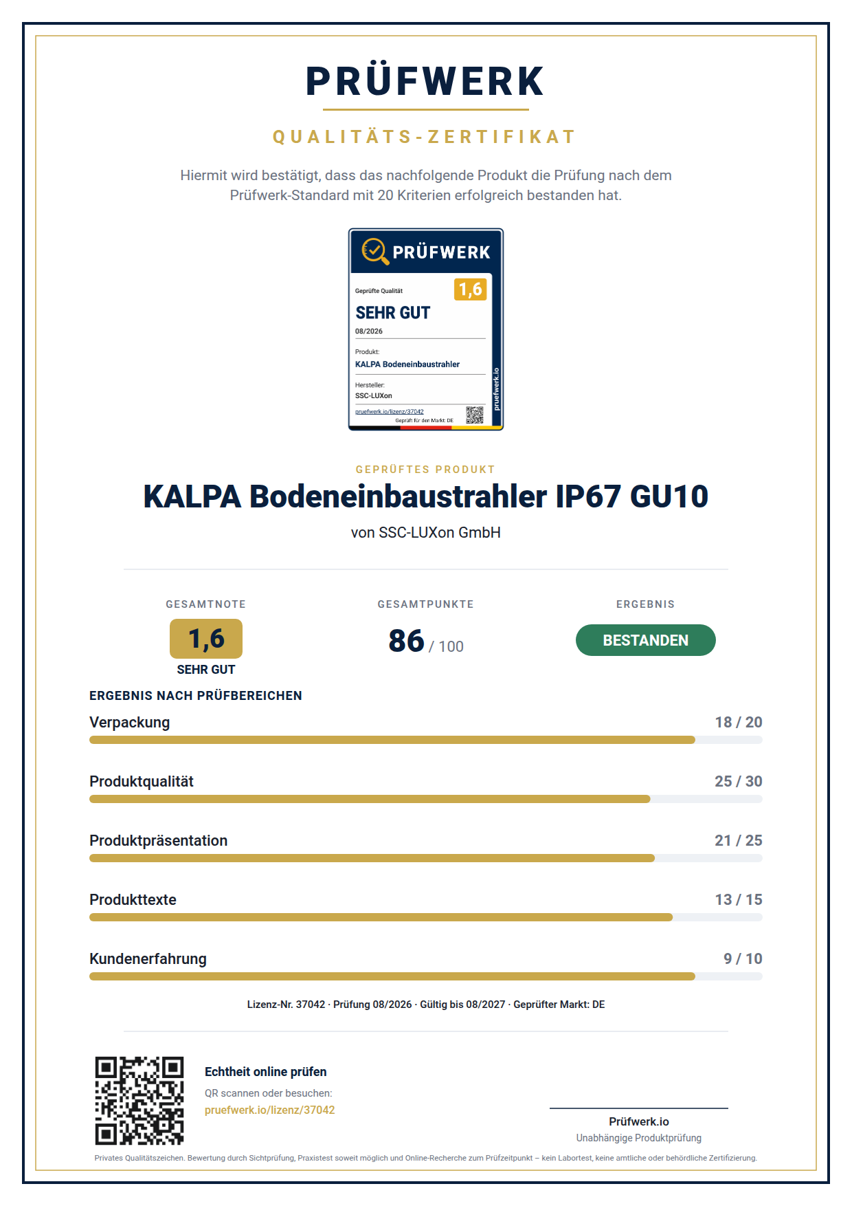 Prüfwerk-Zertifikat KALPA Bodeneinbaustrahler IP67 GU10 – Ansicht