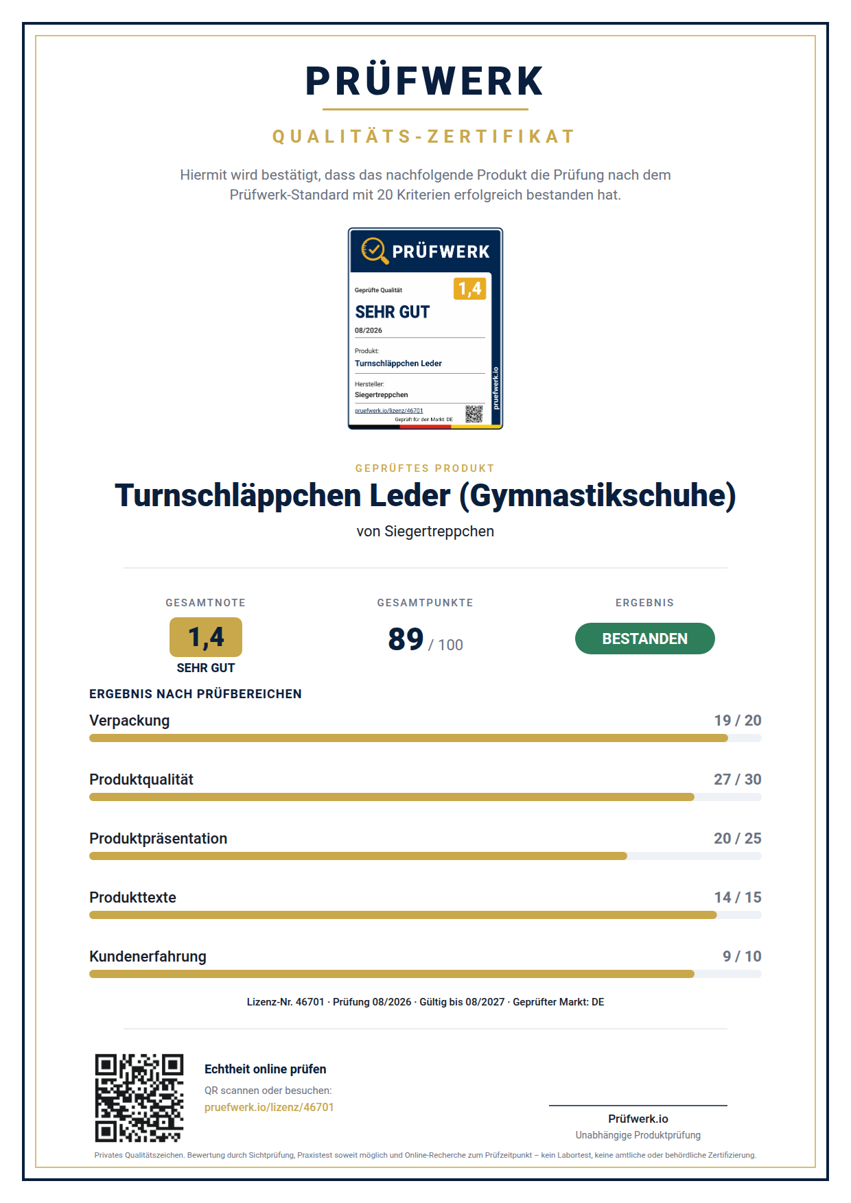 Prüfwerk-Zertifikat Turnschläppchen Leder (Gymnastikschuhe) – Ansicht