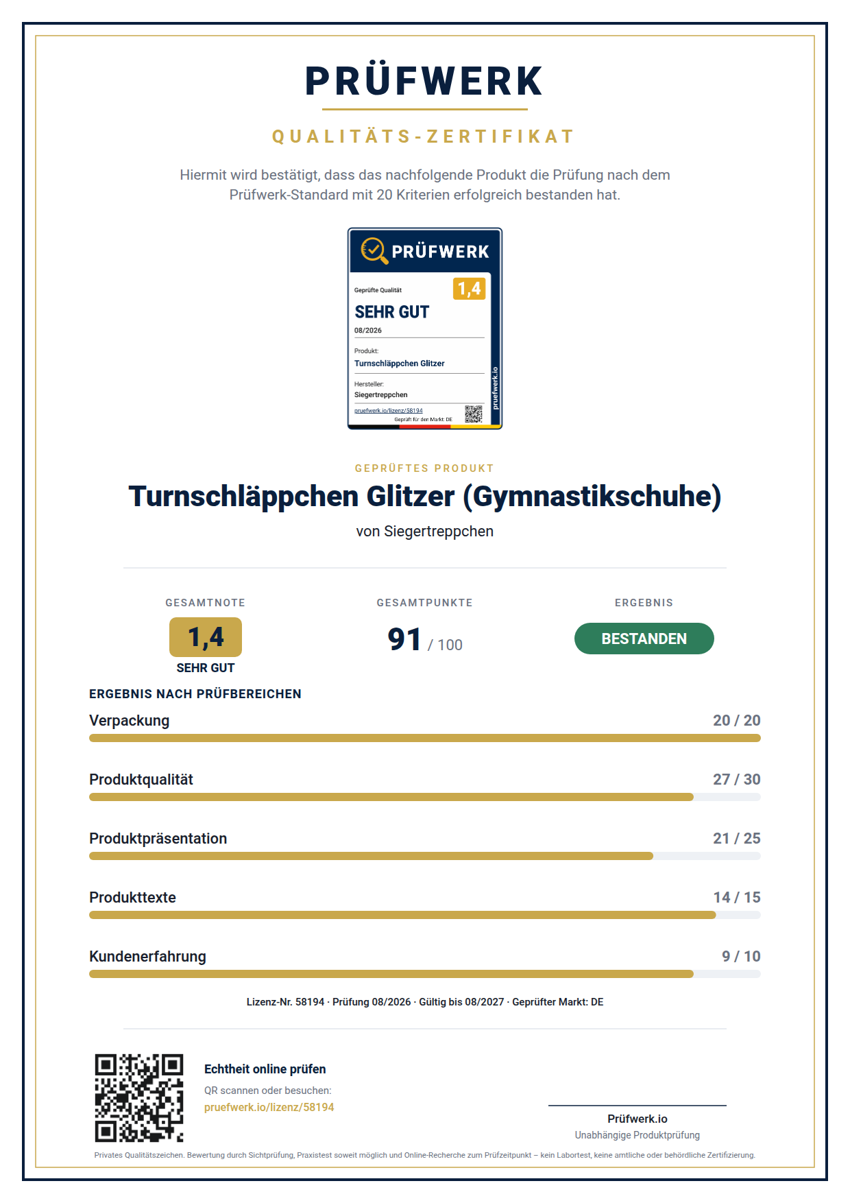Prüfwerk-Zertifikat Turnschläppchen Glitzer (Gymnastikschuhe) – Ansicht