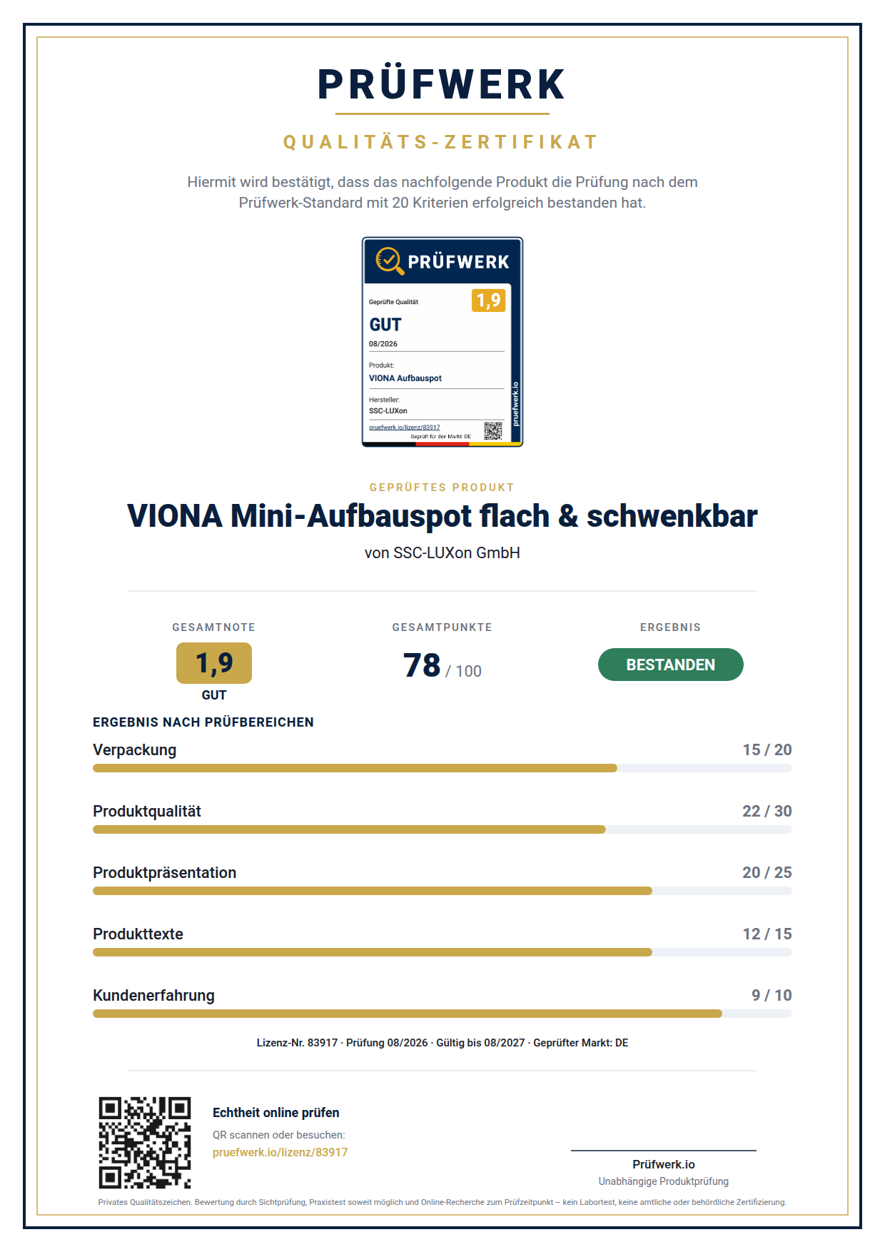 Prüfwerk-Zertifikat VIONA Mini-Aufbauspot flach & schwenkbar – Ansicht